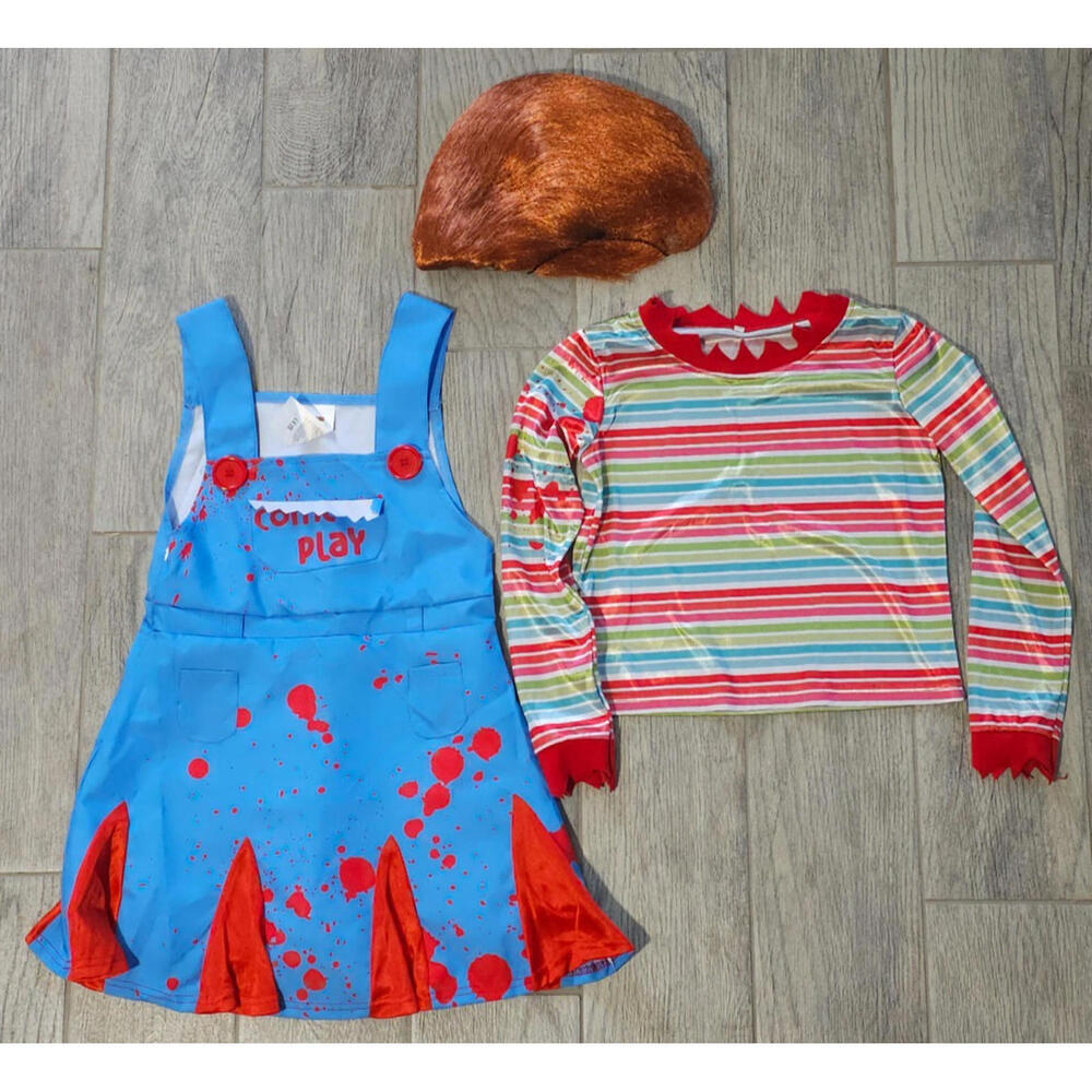 Girl's CHUCKY Halloween Costume Childs Play Dress Shirt M (8-10) & Wig L/XL